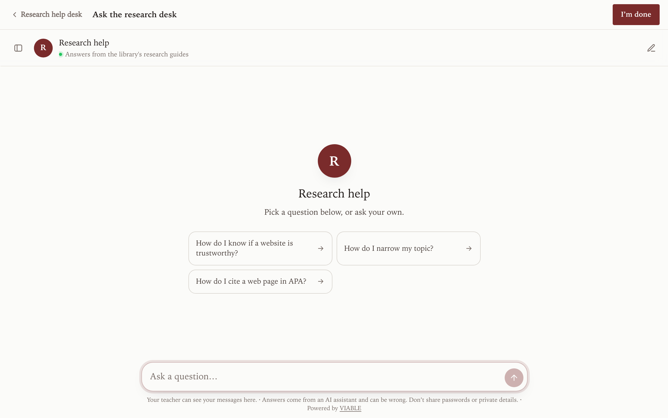 Ask the research desk, as a learner sees it in this example