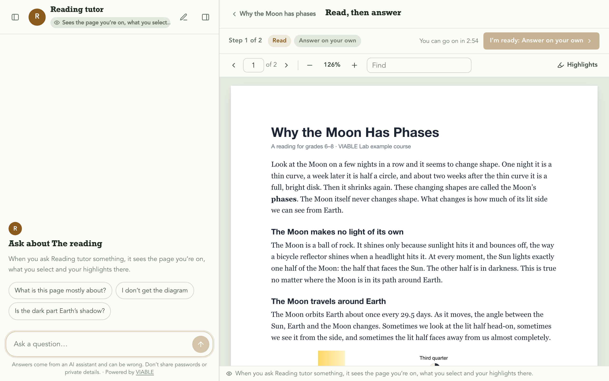 Read, then answer, as a learner sees it in this example