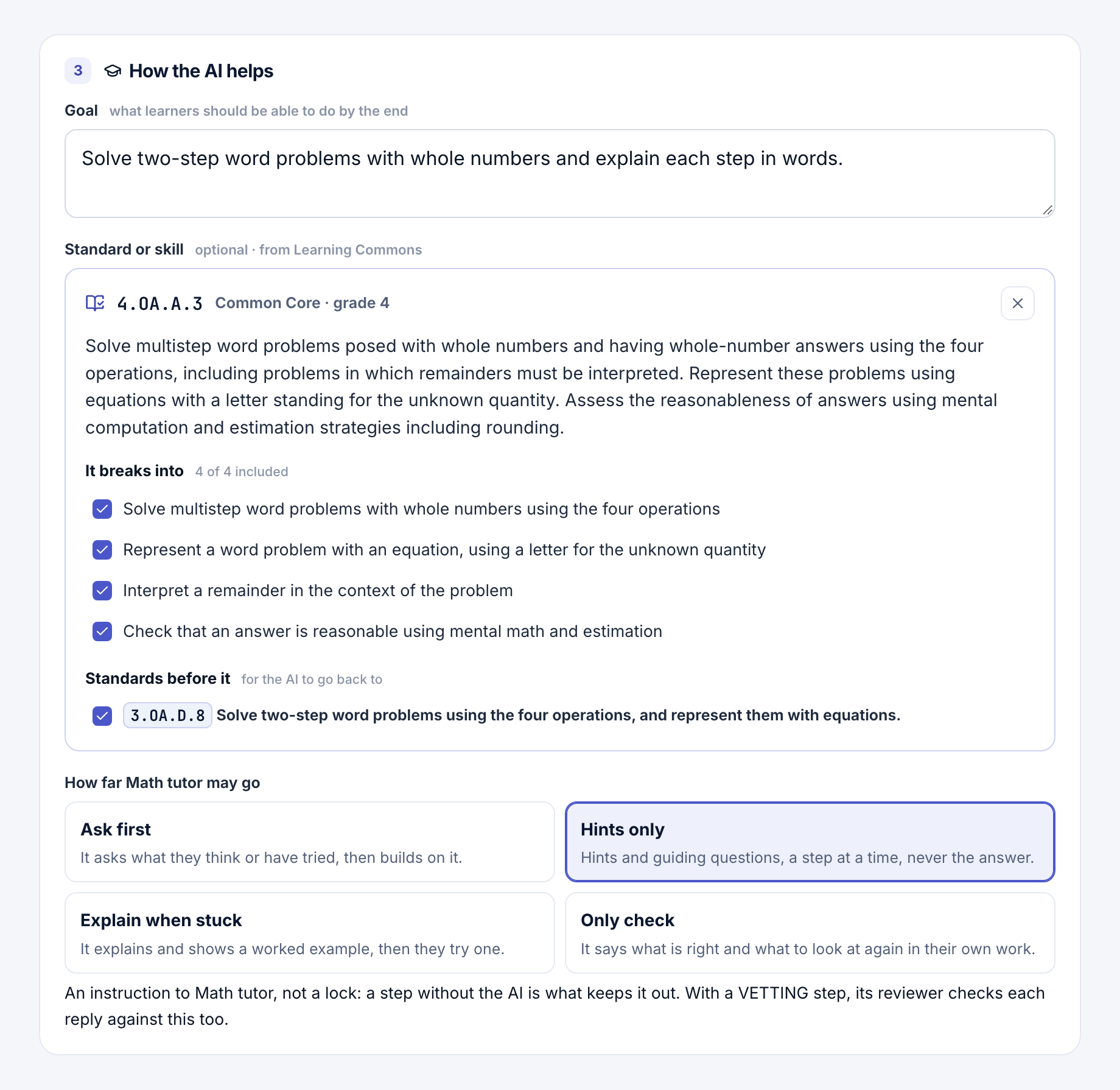 The How the AI helps section: a goal about two-step word problems, the chosen standard 4.OA.A.3 with its description, four learning components checked and one earlier standard, and four choices for how far Math tutor may go with Hints only selected.