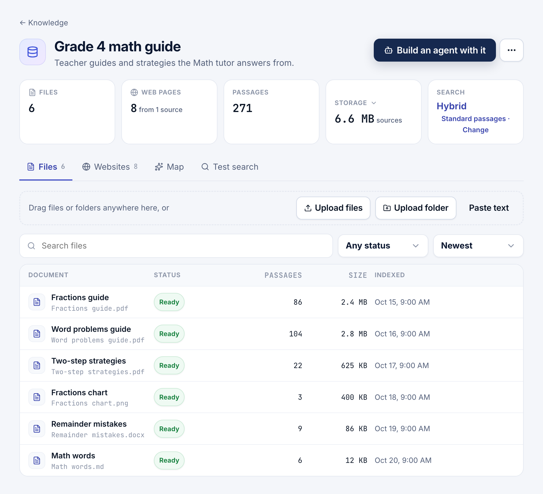 The Grade 4 math guide knowledge base: counts of files, web pages and passages, its storage and search mode, and the Files tab listing six ready documents with their passages, sizes and when they were indexed.
